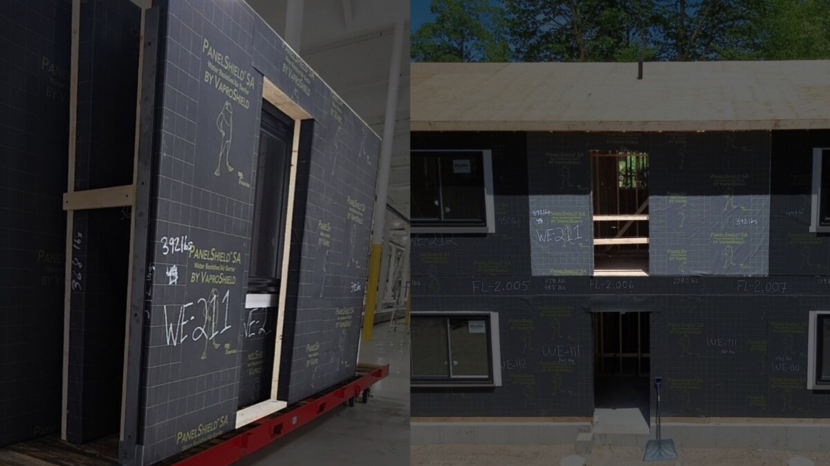 Showing a prefabricated panel from PrimeFab at the factory and the same panel on the jobsite