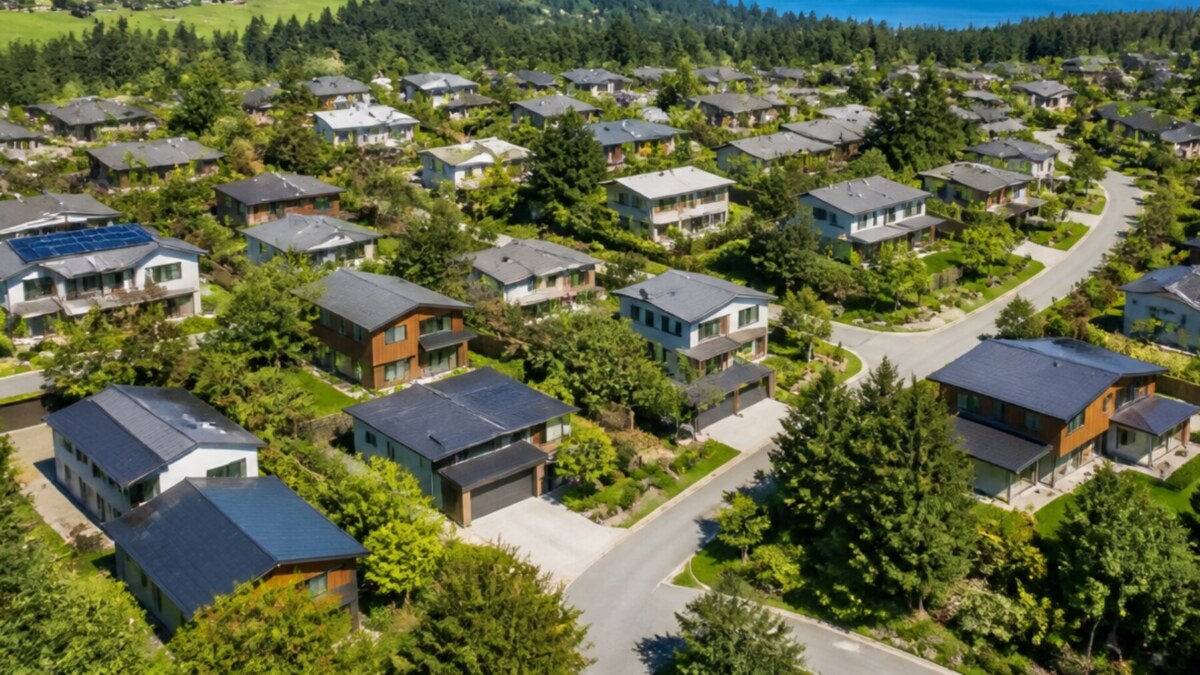Aerial view of a large housing development showing where panelized construction can reduce risk and improve project timelines.