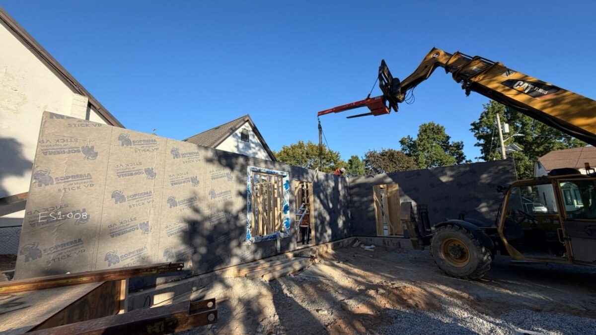 Prefabricated wall panels being installed by PrimeFab at a child care centre construction project in Acton, Ontario.